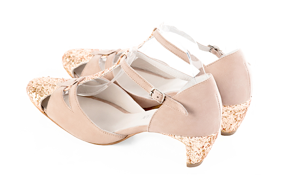 Copper gold and powder pink women's T-strap open side shoes. Round toe. Low comma heels. Rear view - Florence KOOIJMAN